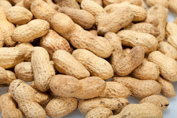 .Dried peanuts in closeup on the white background