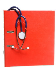 Blue stethoscope and red binder isolated. Healthcare concept