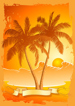 Palmen mit Sonnenuntergang am Wasser mit Banner