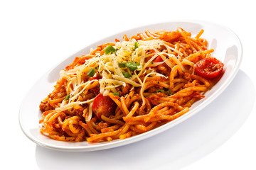 Pasta with meat, tomato sauce, parmesan and vegetables