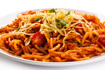 Pasta with meat, tomato sauce, parmesan and vegetables