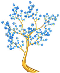 golden tree with blue flowers
