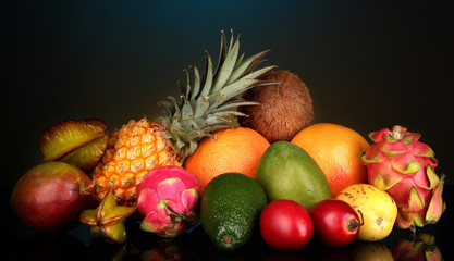 Composition of exotic fruits on colorful background