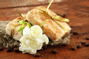Natural handmade soap, on wooden background