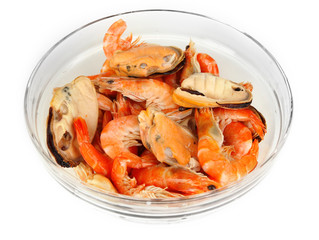 Seafood salad in bowl isolated on white