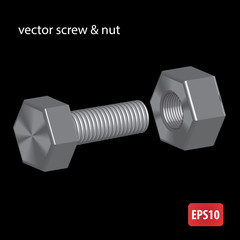 Steel screw and nut. Vector illustration.