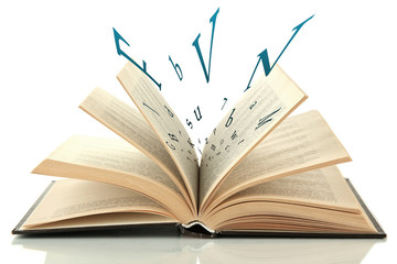 Opened book with letters flying out of it isolated on white