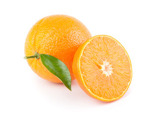 Sweet orange fruit with leaf on white