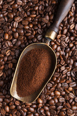 vintage scoop with ground coffee on coffee beans