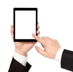 isolated businessman hand holding tablet with isolated screen