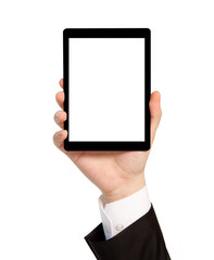 isolated hand of a businessman holding a tablet with isolated sc
