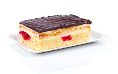 Cherry cake with chocolate icing, isolated on white background