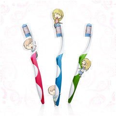 Friends playing with toothbrush. Isolated vector background desi