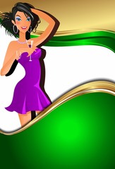 A girl in a purple dress on a green background
