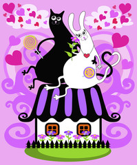 cat and a rabbit on the roof