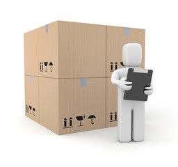 Person with clipboard and boxes