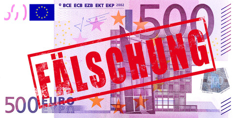 500 Euro Geldschein mit Stempel "Fälschung"