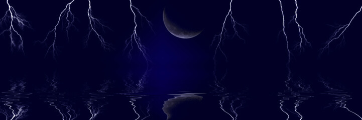 Fototapeta na wymiar Several bolts of lightning in night sky with moon reflected in water