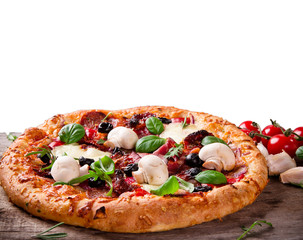 Delicious italian pizza served on wooden table