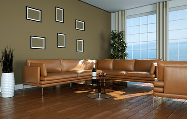 modernes Wohnzimmer mit Ledersofa