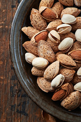 Almonds and pistachios on a ceramic plate