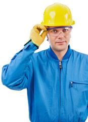 Young  construction worker with helmet and goggles