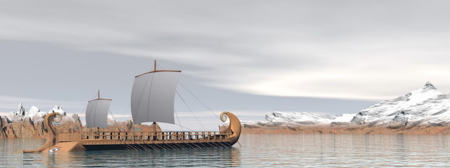 Greek trireme boats - 3D render © Elenarts