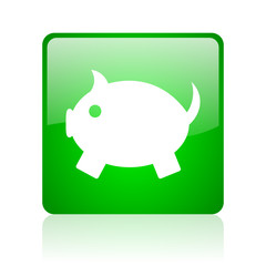 piggy bank green square web icon on white background