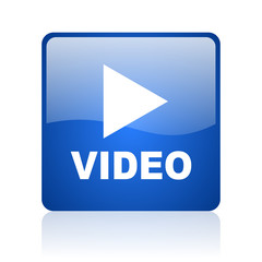 video blue square glossy web icon on white background