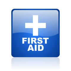 first aid blue square glossy web icon on white background