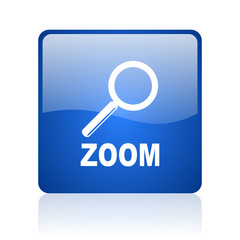 zoom blue square glossy web icon on white background