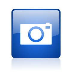 camera blue square glossy web icon on white background