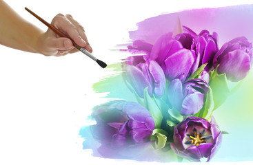hand painting purple spring tulips