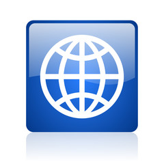 earth blue square glossy web icon on white background