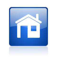 home blue square glossy web icon on white background