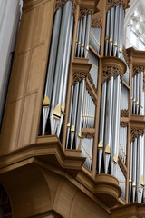 Close-up of a pipe organ in a Cathedral