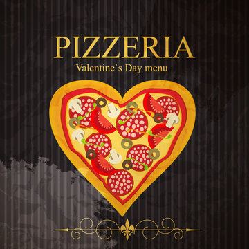 Pizza Menu Template On Valentine`s Day, Vector Illustration