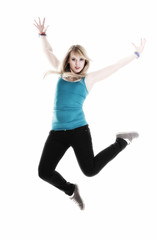 Young female Happy woman jumping with arms up isolated