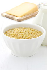 Gourmet macaroni and cheese ingredients.