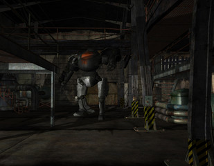 Fototapeta na wymiar Kampfroboter in einer Fabrikhalle