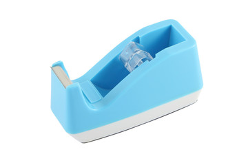 Blue empty tape dispenser on white background.