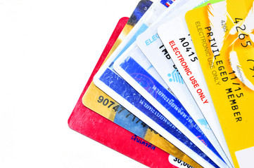 Set of color credit cards isolated on white background
