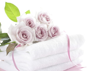 Obraz na płótnie Canvas purple roses on white towel for laundry image