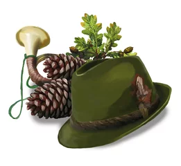Fotobehang Hunting hat, cone, pipe and oak leaves © zdenka1967