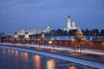 View of Moscow Kremlin in winter night. Russia