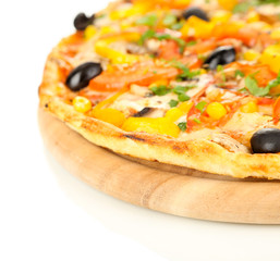 Tasty pizza with vegetables, chicken and olives isolated
