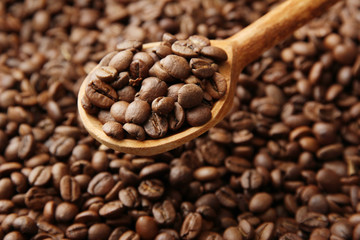 Coffee beans in wooden spoon, close up
