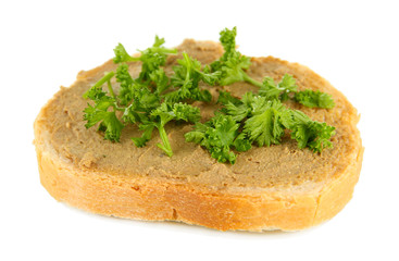 Fresh pate on bread, isolated on white