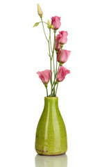 Bouquet of eustoma flowers in vase isolated on white
