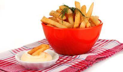 French fries in bowl isolated on white